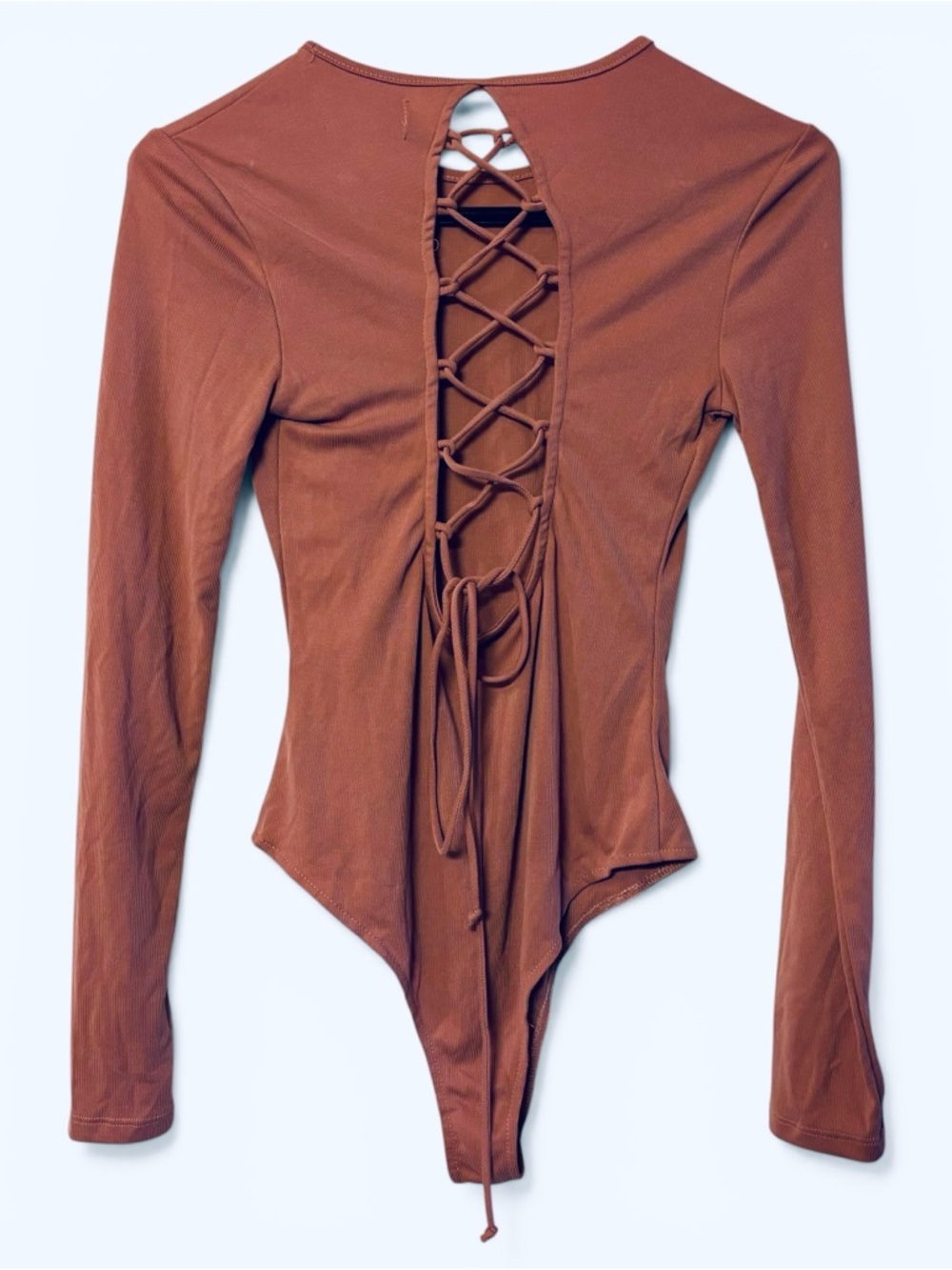 NWT Mustard Seed Boutique Ribbed Lace-Up Back Bodysuit Dusty Rose Pink